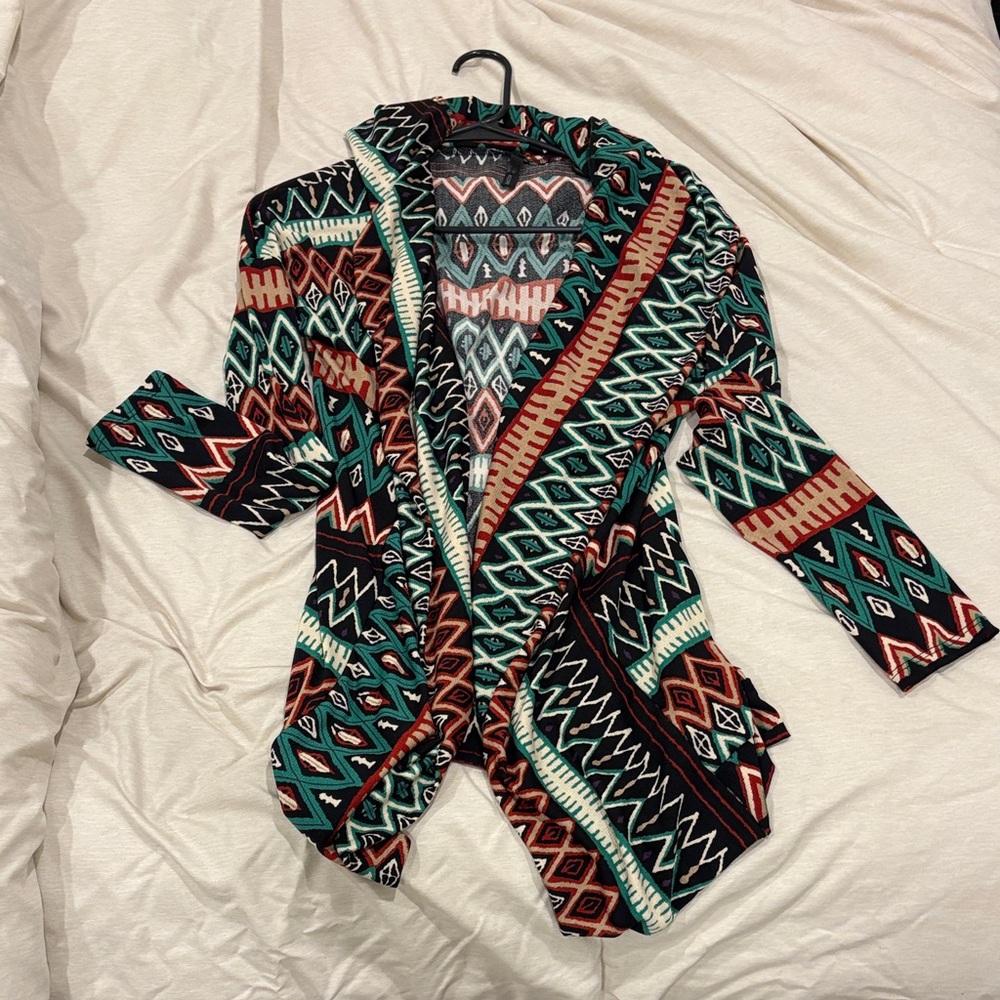 Boutique Hooded Aztec Print Sweater  - Teal/Black/Brown